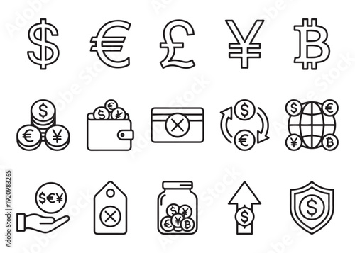 Collection of financial currency symbols and icons on transparent background