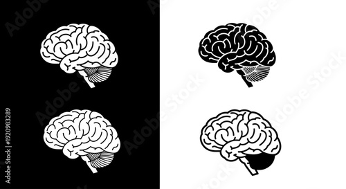 Two sets of stylized human brain illustrations, one in black and white, the other in white on black, symbolizing intellect and cognition