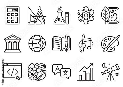 School subjects and educational disciplines line icons for academic learning set