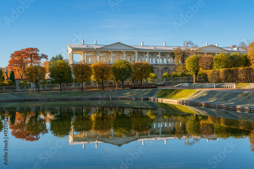 Cameron Gallery with a reflection in the Mirror Pond in the Catherine Park of Tsarskoye Selo on a sunny autumn day, Pushkin, Saint Petersburg, Russia