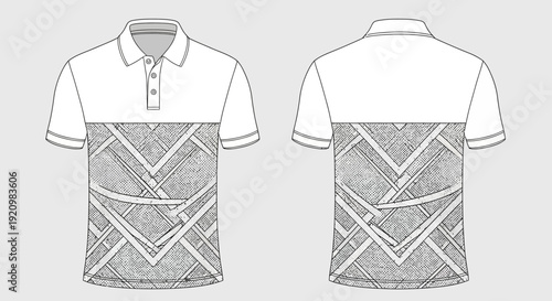 Modern Polo Shirt Design Template with Geometric Interlocking Pattern. Front and Back Vector Illustrations for Apparel Mockups and Fashion Projects