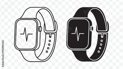 Smartwatch icon set with heart rate monitor. Includes two smartwatch designs. Created in line style with black and white color palette. isolated on Transparent Background