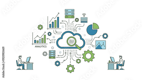 Flat lay illustration of people working on computers with a cloud computing concept and various business and technology icons on a white background.