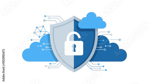 Flat design illustration of a shield with a padlock surrounded by blue clouds and circuit board lines on a white background, conveying security and technology.