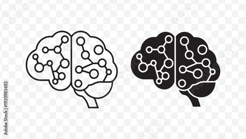 Brain icon set with neural network connections. Includes two brain illustrations. Created in line style with black and white color palette. isolated on Transparent Background