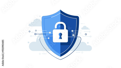Flat design illustration of a blue shield with a white lock on a cloudy background, conveying security and protection with a calming mood.