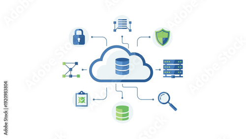 Cloud computing concept with various icons and symbols connected to a central cloud storage system on a white background.
