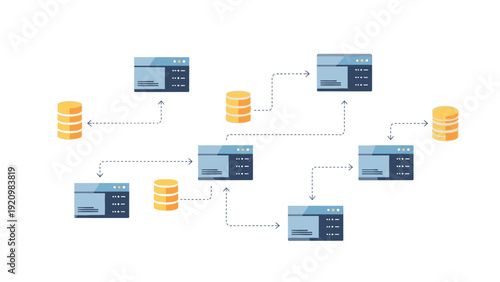 A flowchart diagram illustrating data transfer between multiple computer servers and databases with yellow disks, on a white background, showcasing a network infrastructure in a simple,
