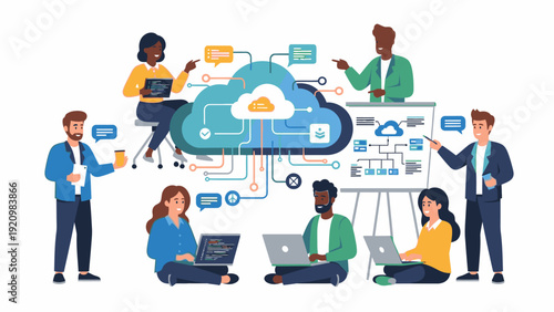 Illustration of diverse group of people collaborating with laptops and a cloud computing system on a white background with a modern and technological mood.
