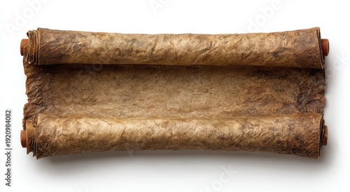 Antique, aged parchment scroll, partially unfurled, showcasing texture and shadow