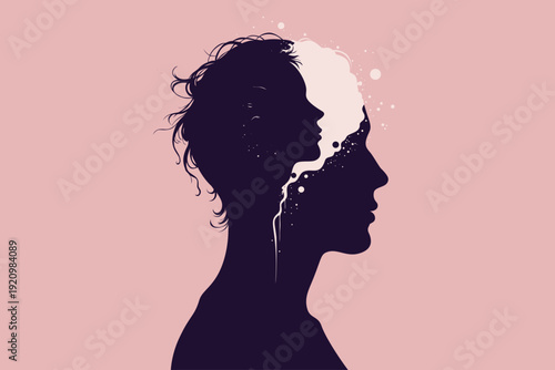 Adult silhouette profile with inner child face emerging from head with white paint splatter, symbolizing trauma therapy inner voice