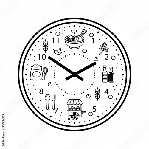 Indonesian meatball (bakso) wall clock design, street food icons, minimalist line art vector.
