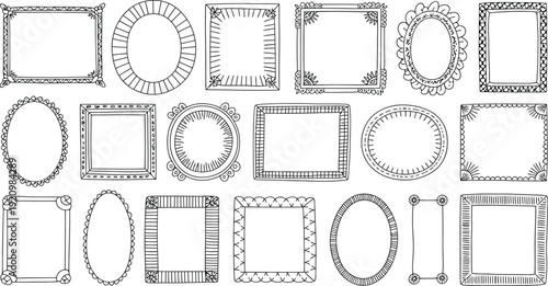 A collection of diverse hand drawn frames and borders including rectangular oval and ornate designs