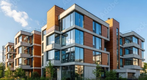 A modern, multi-story residential building with glass windows and wooden accents, set against a clear blue sky with a few scattered clouds.