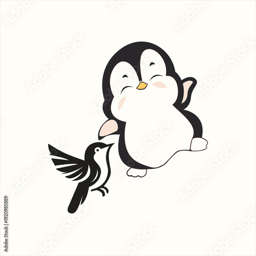 Cute Chibi Cartoon Penguin and Bird Friendly Interaction Vector