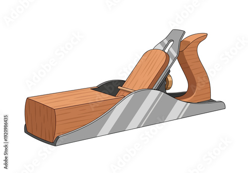 Woodworking plane illustration showcasing carpentry tool with wooden handle and metal blade
