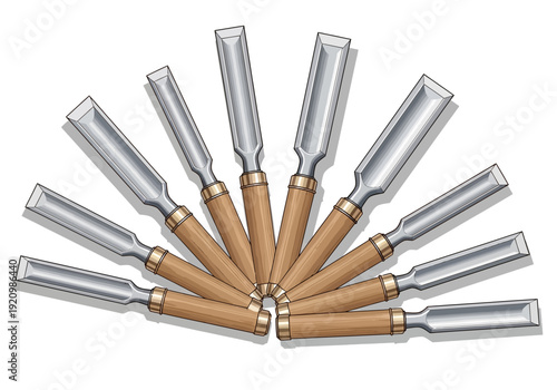 A collection of eight brown and silver chisels arranged in a circular pattern on a white background