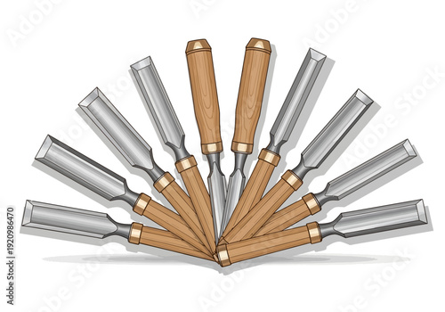 Collection of carpentry tools arranged in a fan shape on a white background