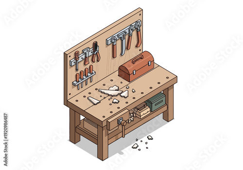A detailed isometric illustration of a cluttered carpenter's workbench with various tools and a toolbox on a wooden surface