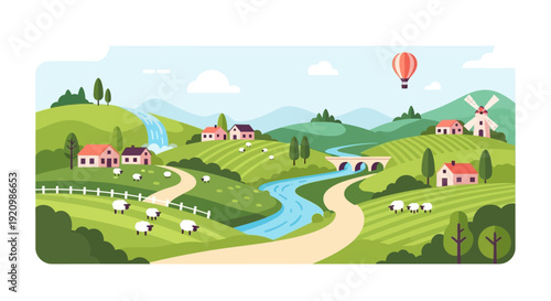 Colorful Flat Illustration of Peaceful Countryside Landscape with Hills, Village, Windmill and Hot Air Balloon
