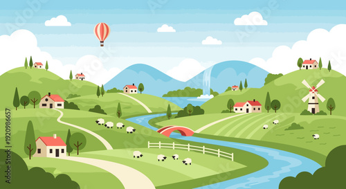 Colorful Flat Illustration of Peaceful Countryside Landscape with Hills, Village, Windmill and Hot Air Balloon