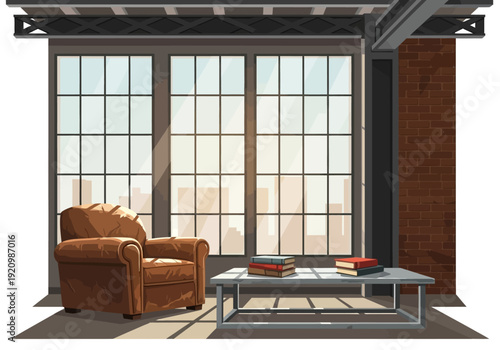 Modern loft interior with armchair and coffee table near large window
