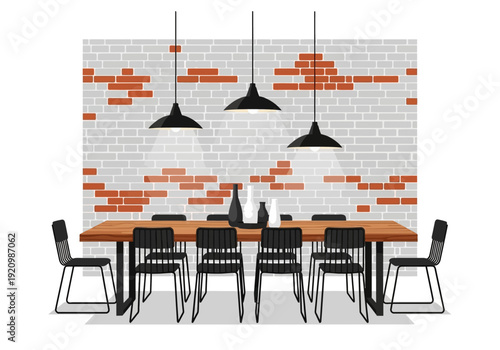 Modern dining area with exposed brick wall and stylish lighting fixtures