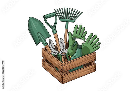 Gardening tools arranged neatly in a wooden crate, viewed from above