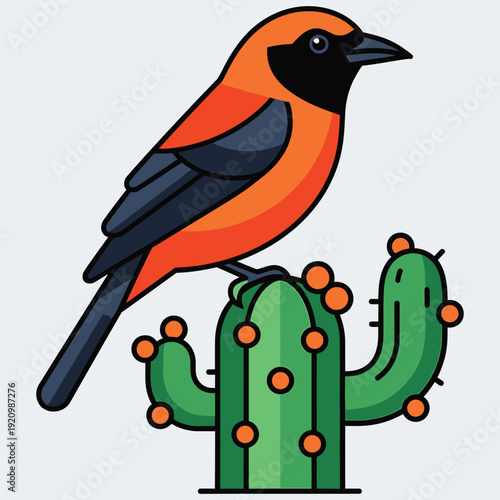 Orange and black tropical bird perched on green flowering cactus with orange blossoms