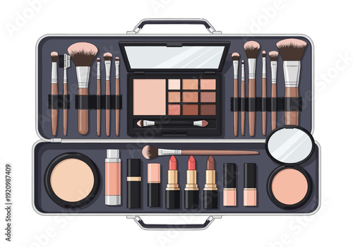 Makeup kit with assorted cosmetics and beauty products in a sleek black case