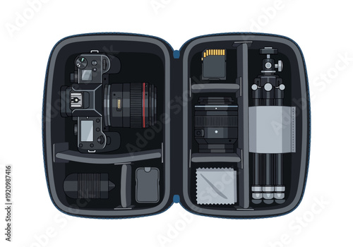 Photography equipment case with various camera accessories and tools inside