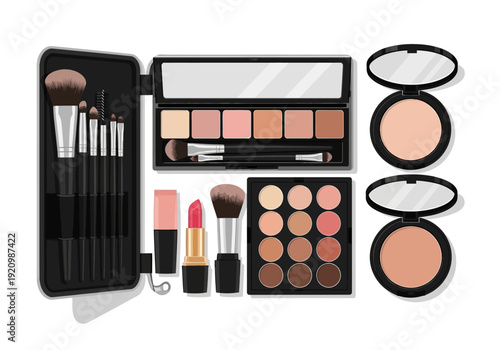 Collection of cosmetic products and makeup brushes arranged neatly on a white background