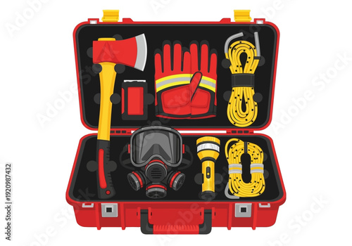 Firefighting equipment kit contents displayed in an open red case