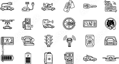 Automotive Technology, Electric Vehicles, and Smart Car Line Icons Set. Includes EV charging, autonomous cars, GPS, drones, batteries, and car tech symbols.