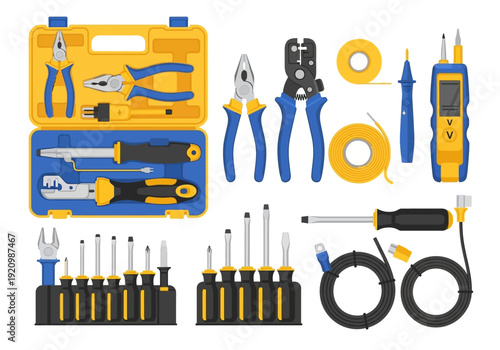 Assorted tools and equipment neatly arranged on a workspace for electronics repair and maintenance