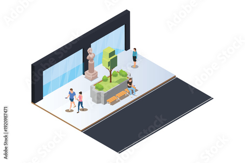 Isometric eco modern street bench vector for web design isolated on white. A modern bench with a flower bed in a city park. City improvement, urban planning, public spaces.