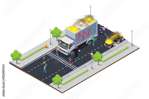 Modern Isometric background of violent protest with young men holding batons and molotov cocktails fighting with policy vector illustration