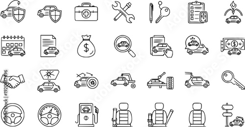 Car and Automotive Service Line Icons Set: Vehicle Maintenance, Repair, Insurance, Sales, Driving, and Ownership Vector Pack