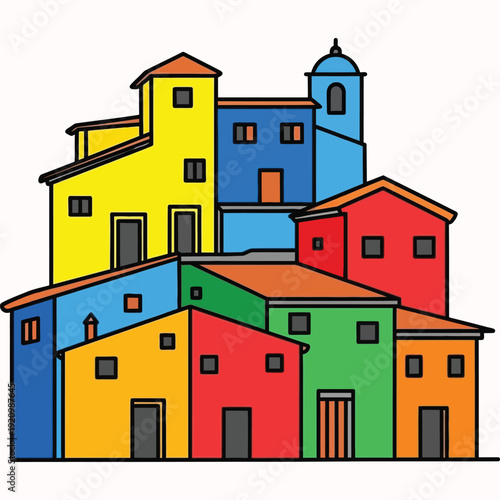 Colorful hillside village with vibrant houses and blue bell tower under clear sky