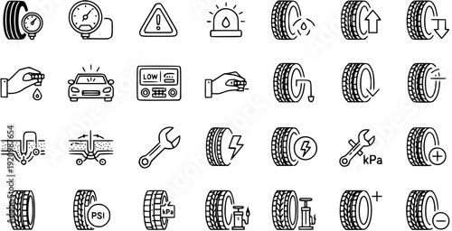 Automotive Tire Care and Service Line Icons Set: Pressure, Repair, and Warning Symbols