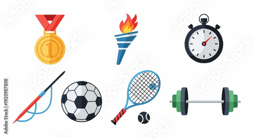 Sports equipment and awards displayed together, showcasing fitness and athletic achievements in a collection of icons.
