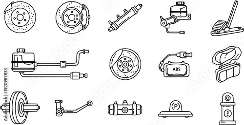 Black and White Line Art Icons of Car Brake System Components