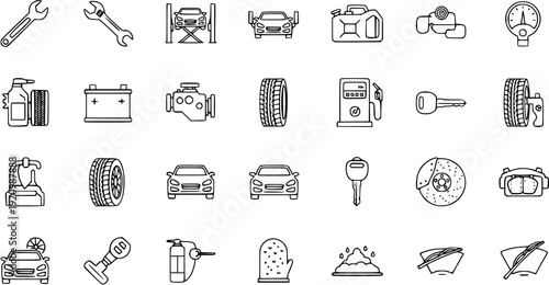 Car Service and Repair Icons: Wrench, Tire, Engine, Fuel Pump, Car Wash, Brake, Key, Battery  More