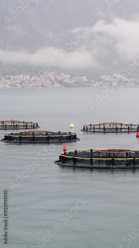 Fish farms operating on the sea surrounded by mountains and a village