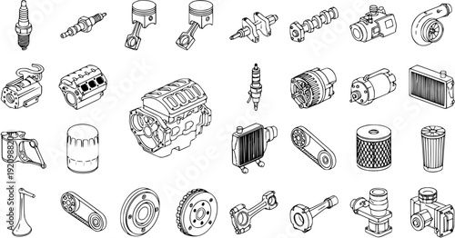 Detailed Isometric Line Art Collection of Car Parts and Engine Components. Automotive Vehicle Repair, Service, and Maintenance Spare Parts Illustrations Set.