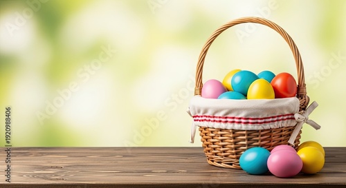 A basket of colorful Easter eggs on a wooden table with a green and yellow background.