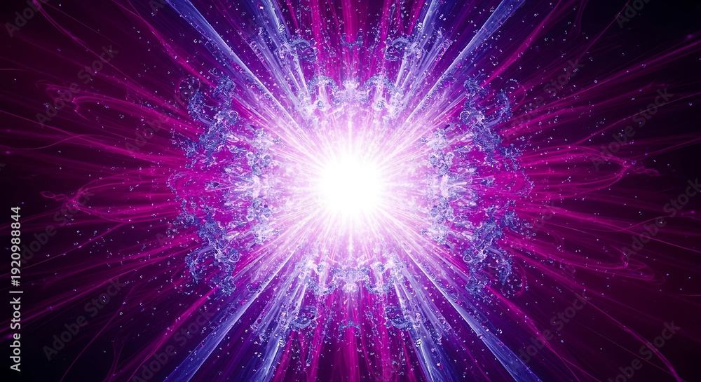 Obraz premium purple and magenta light bursts from a brilliant white core surrounded by intricate energy particles illustrating abstract cosmic power and spiritual awakening.