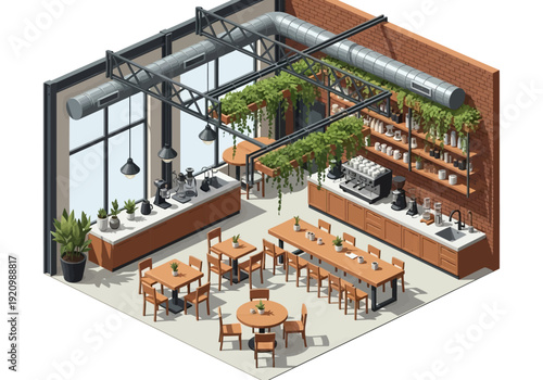 Aerial view of a modern coffee shop interior with tables, chairs, and plants