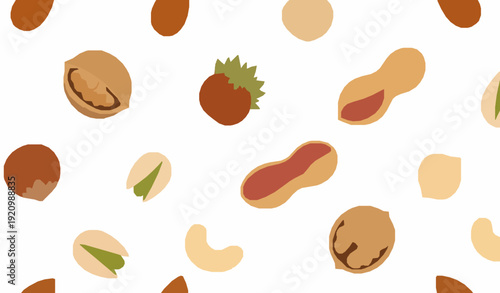 Seamless Pattern with Mixed Whole Nuts Flat Vector Illustration Isolated on White Background
