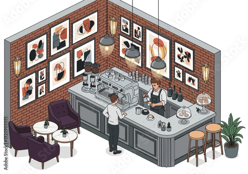 Coffee shop scene with barista and customer in a modern environment viewed from above